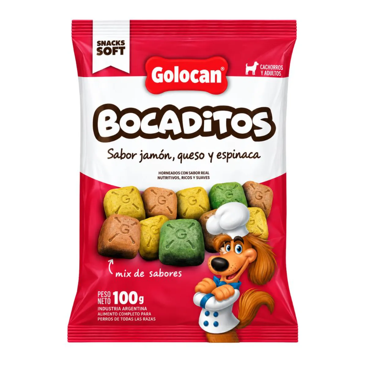 Golocan Bocaditos Semihúmedos Jamón, Queso y Espinaca X 100 Grs